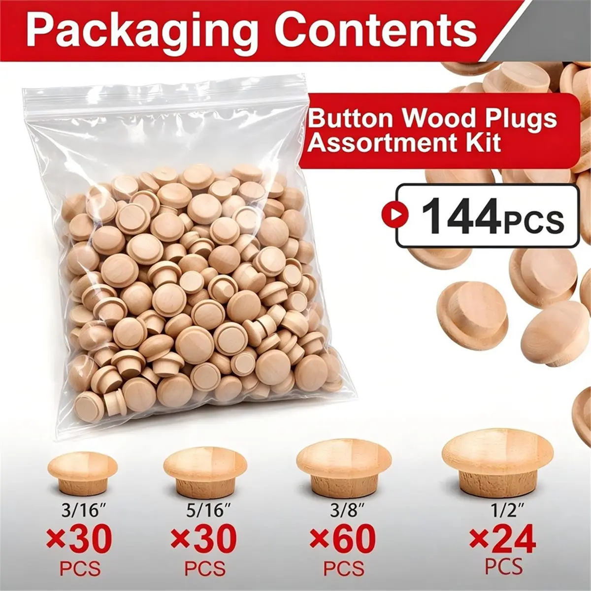 144PCS Wood Plugs Assortment, Natural Wooden Screw Hole Covers, 3/16