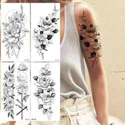 1/4pcs Black Flower Temporary Tattoos for Women Men Waterproof Realistic Floral Tattoo Stickers for Hand Arm Body Fake Tattoo