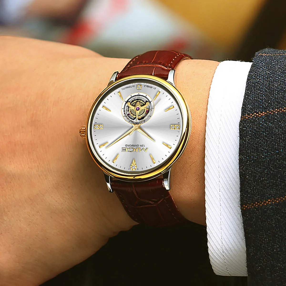 MIGE Men's Watches Mechanical Automatic Watch Waterproof Top Brand Diamond Luxury Luminous Calendar Wristwatch Stainless Stee