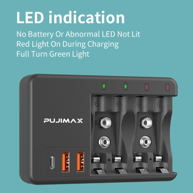 PUJIMAX 4-Slot Multi-purpose Battery Charger for 1.2V AA/AAA Ni-MH/Ni-Cd or 9V NiMH/Li-ion Rechargeable Batteries With AC Cable