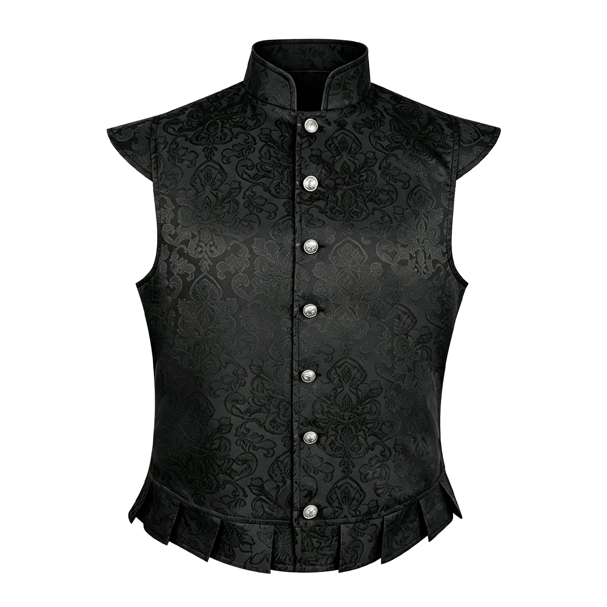 Men Vintage Brocade Sleeveless Waistcoat Gothic Steampunk Stand Collar Ruffle Hem Vest Medieval Halloween Cosplay Outfit