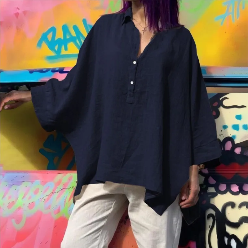 Kemeja Linen Katun Longgar Wanita; Atasan Besar Lengan Sayap Kelelawar Modis Blus Warna Polos Kasual Musim Semi Musim Gugur dan Atasan Wanita