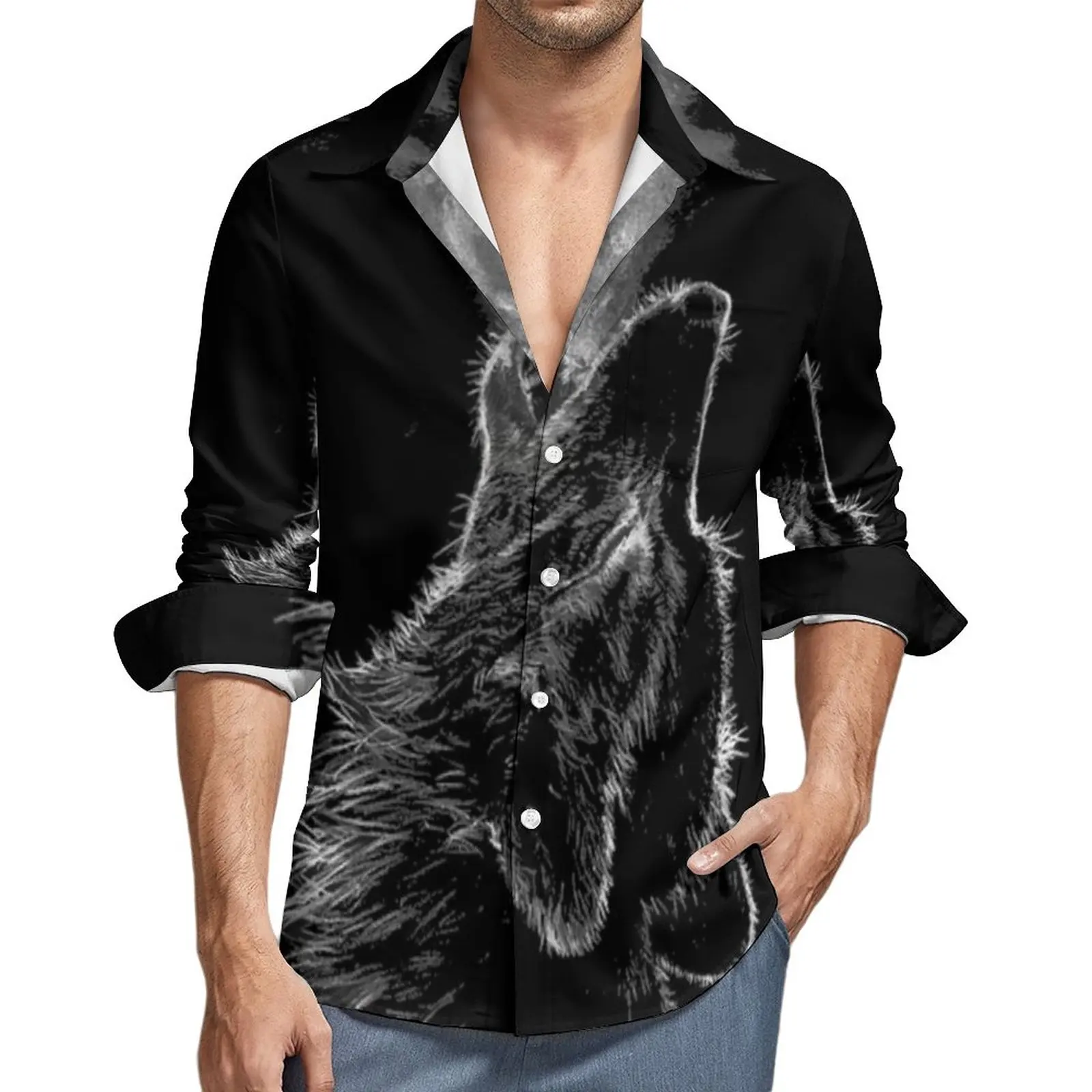 

Wolf Breath Shirt Spring Wild Animal Silhouette Casual Shirts Man Trending Blouses Long Sleeve Graphic Street Tops Plus Size