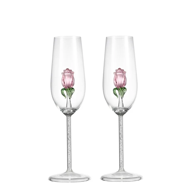

Pink rose champagne flute crystal glass with flower glass inside, transparent wedding party home decoration