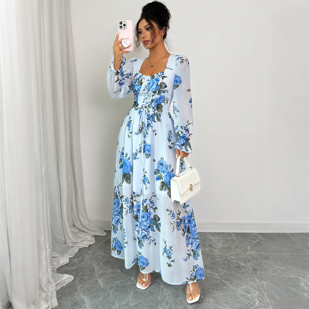 Elegant And Simple Printed Ruffled Long-sleeve Dress For Women, Fall/winter 2026 Party Bandage Clothing Femme