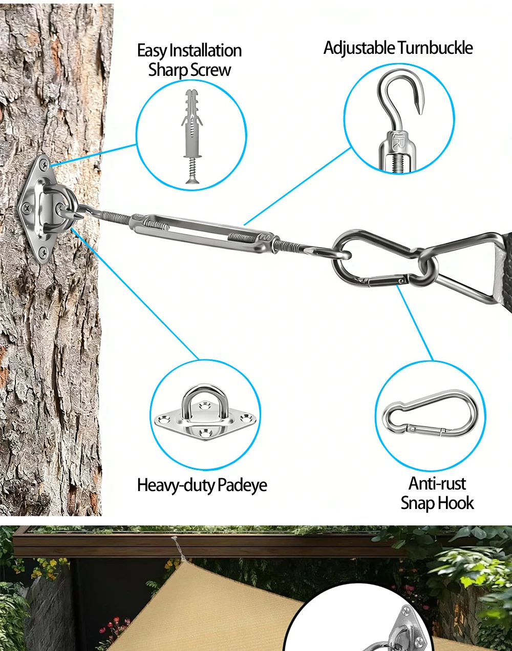 Edelstahl-Sonnensegel-Montage-Set, Hochleistungs-Campingzelt-Hardware-Kit für die Befestigung von Sonnenschutz im Haus- und Gartenbereich. – Detail 5
