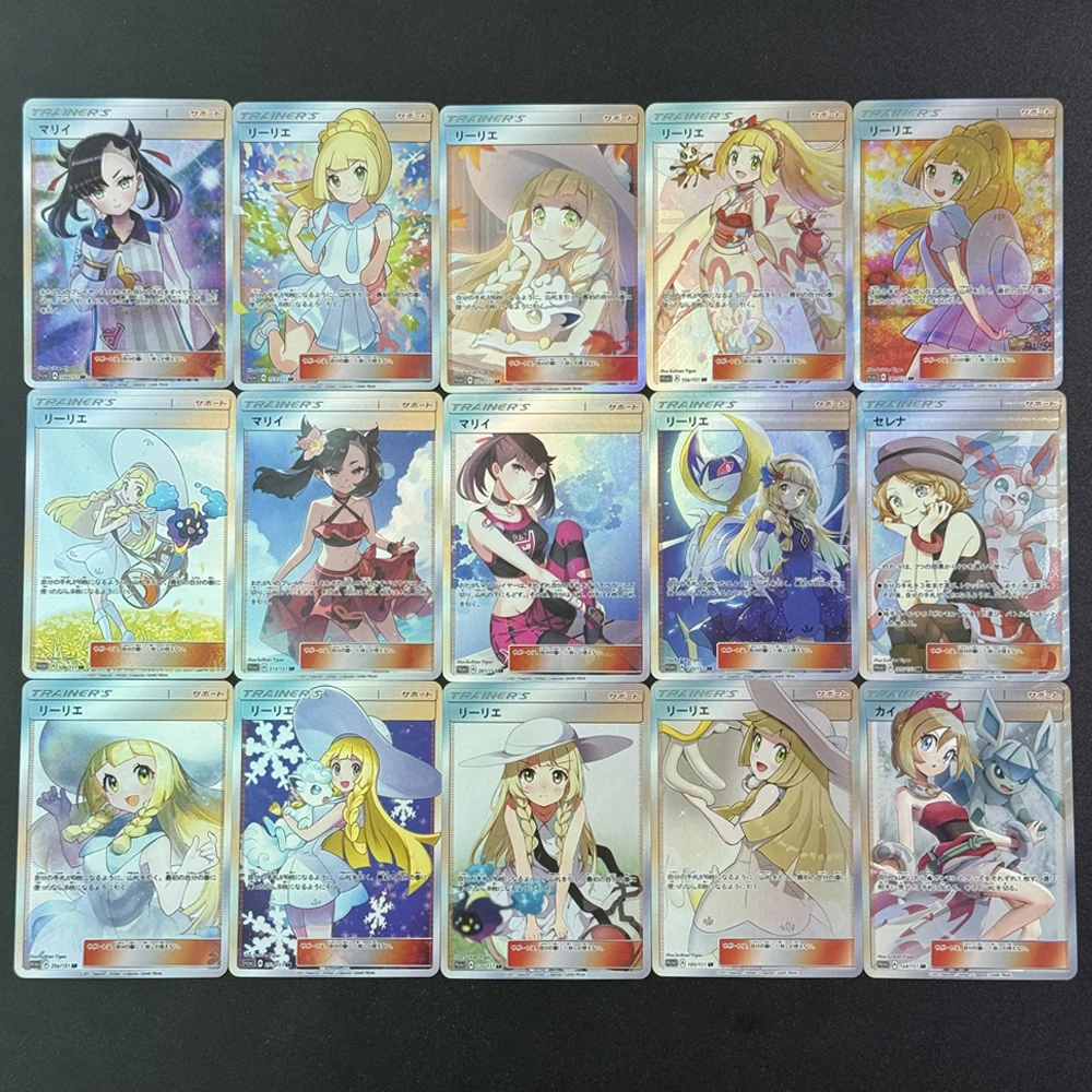 

15Pcs/set Diy PTCG Lillie Marnie Trainer Collection Card Self Made P.M. Irida Sylveon Color Flash Anime Card Classic Gift Toys
