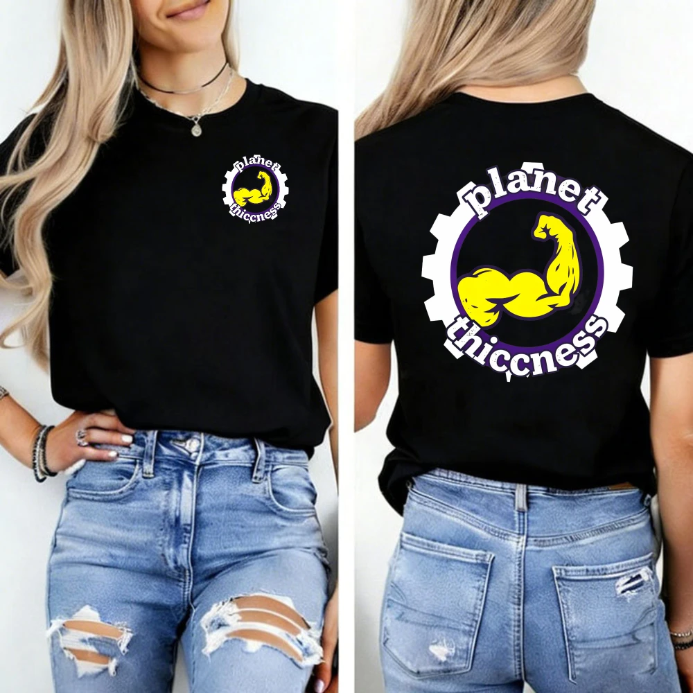 Funny Gym Thickness T-Shirt Crew Neck Short Sleeve Fitted Style Gear Shaped Logo Yellow Flexing Arm Planet Thiccness Text Workou