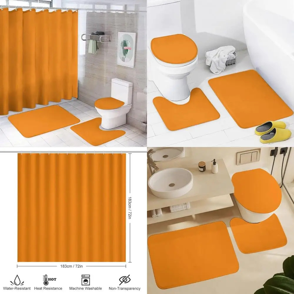 

Оранжевый комплект однотонных занавесок для душа с нескользящими ковриками, крышкой унитаза и U-образным ковриком для ванной.