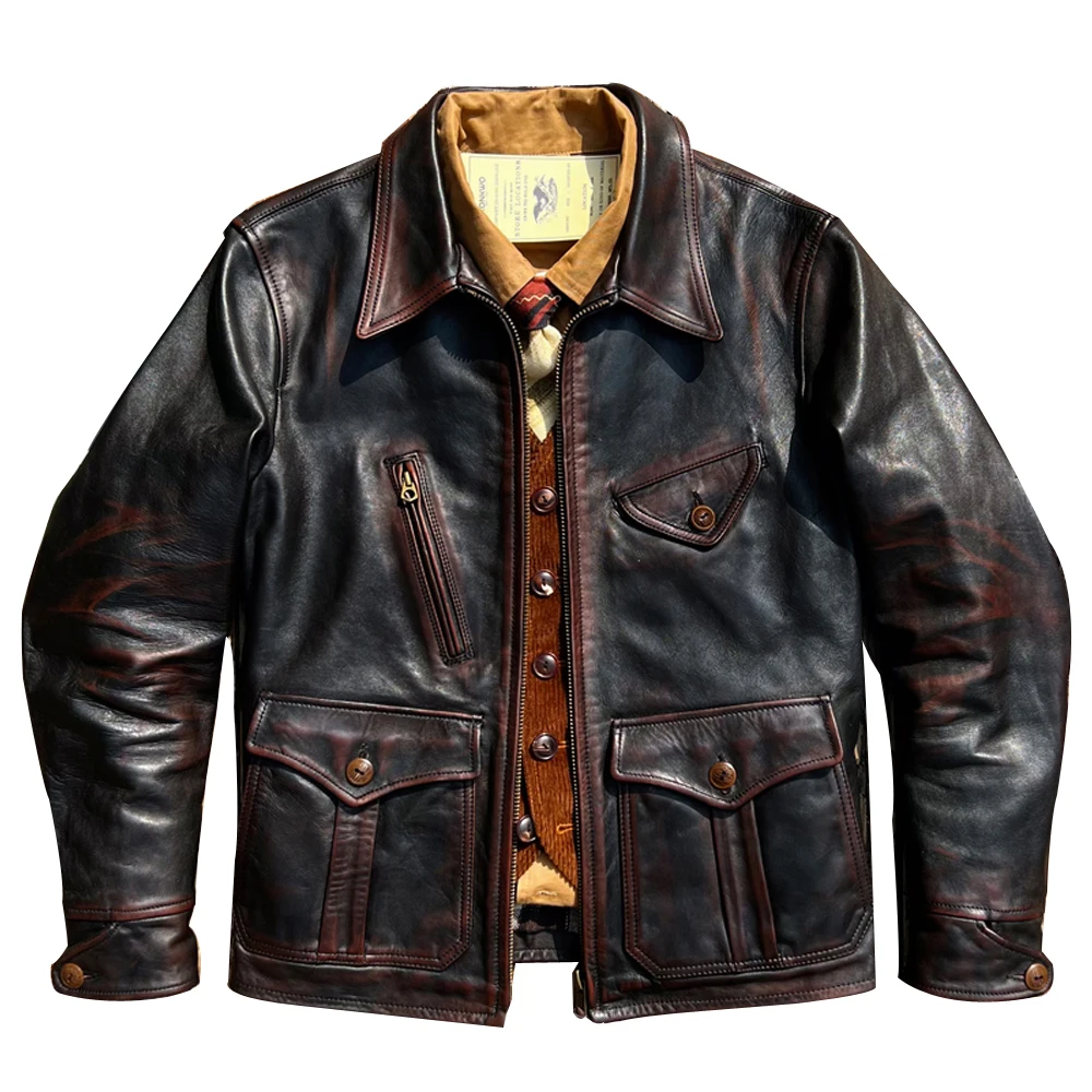 

Hand Made Horsehide Jacket Winter Newsboy Man Coat Derma Vintage Motorcycle Genuine Leather Overcoat US Street Clothing Brand