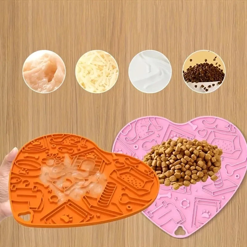 Heart Shaped Pet Placemat Silicone Dog Licking Pad Dog Slow Feeding Mat With Suction Cups Slow Feeder Cat Plate Mat For Anxiety