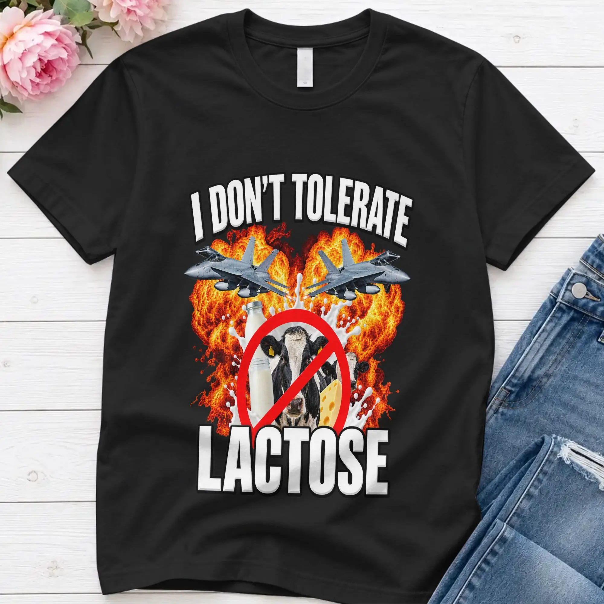 Lactose Intolerant Funny Cat Meme  Men's T Shirts  Fun Tees Short Sleeve Round Collar T-Shirts Pure Cotton Summer Clothes