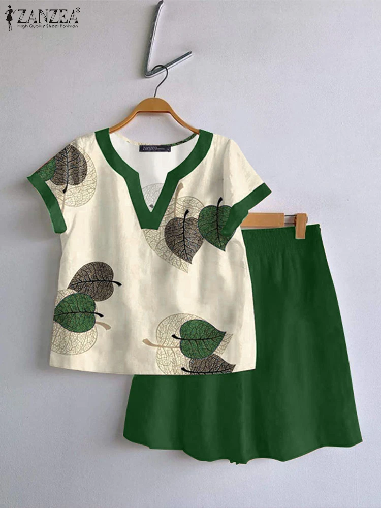 

ZANZEA Women Solid Color Short Suit 2025 Summer Printed Short Sets Fashion Short Sleeve Tees Outfits Holiday 2PCS Tracksuits