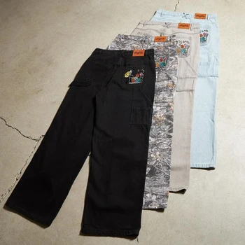 Retro işlemeli yapı taşı marangoz kot 2024 yaz yeni stil erkekler ve kadınlar sokak gevşek rahat y2k siyah kot