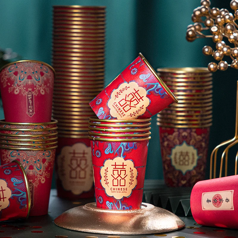 

50pcs Wedding Chinese Red Cup Gold Foil Disposable Thicken Festive Chinese Red Wedding Party Supplies Banquet Paper Cup