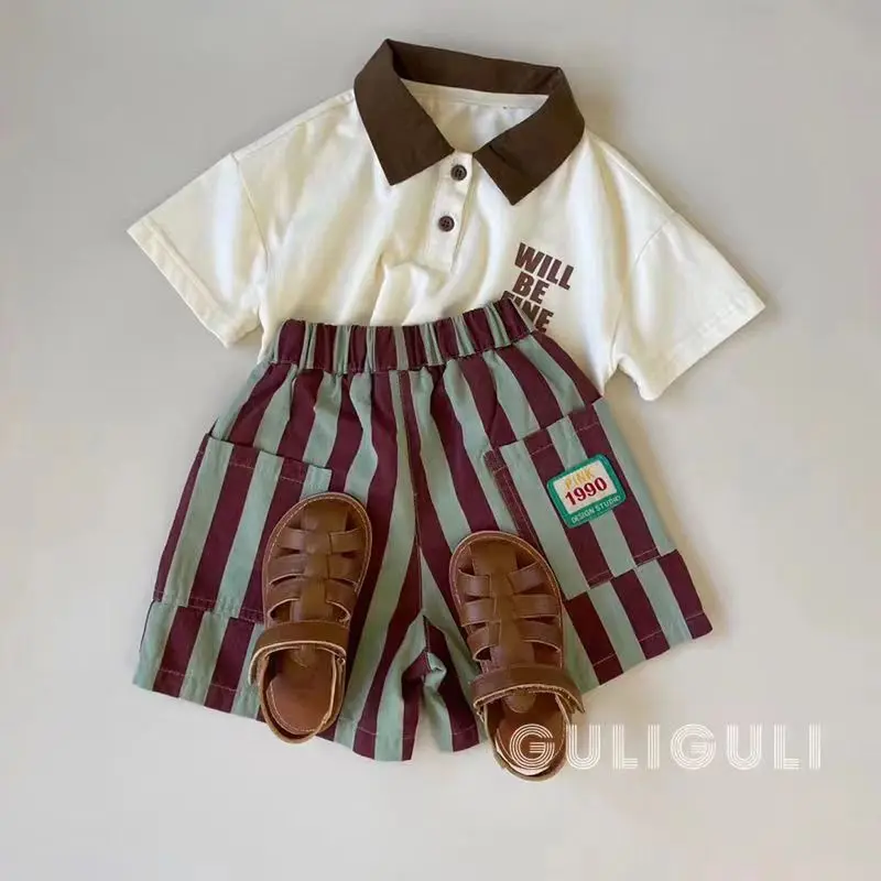 Childrens Leisure Fashion Set Boys Summer Fashionable Polo Neck Short Sleeve T-shirt  Stripe Shorts Two Piece Set Kids Outfits