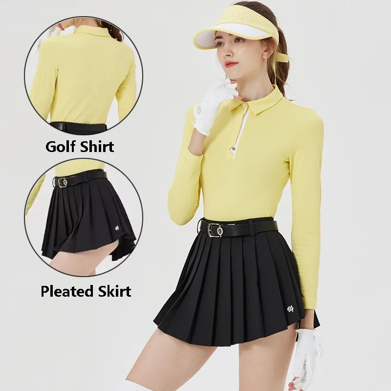 

Blktee Women Long Sleeve Golf Shirt Slim Turn Down Collar Tops Ladies Breathable Pleated Culottes High Waist Golf Skirt Suits