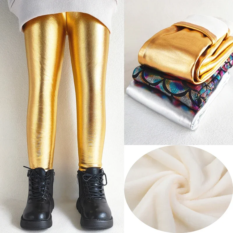 Automne hiver polaire Plus filles pantalons brillant or argent longs enfants garçons Leggings chauds pour les enfants