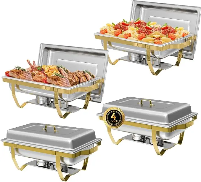 Factory Direct 2026 2/4Pack Chafing Dishes Buffet Set Semi-Gold-Plated Stainless Steel 8QT-9QT Rectangular Buffet Warmer Sets fo