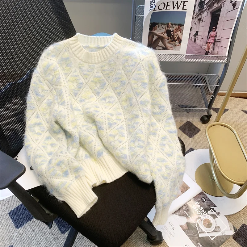 

2025 Autumn Winter Women Diamond Check Sweater Thick Pullovers O-Neck Knitwear 2000s Aesthetic Korean Jumper Christmas Warm New