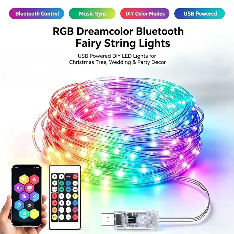 USB Powered RGB Dreamcolor Fairy Lights, Bluetooth LED String Lights for Bedroom Wedding Party Decor