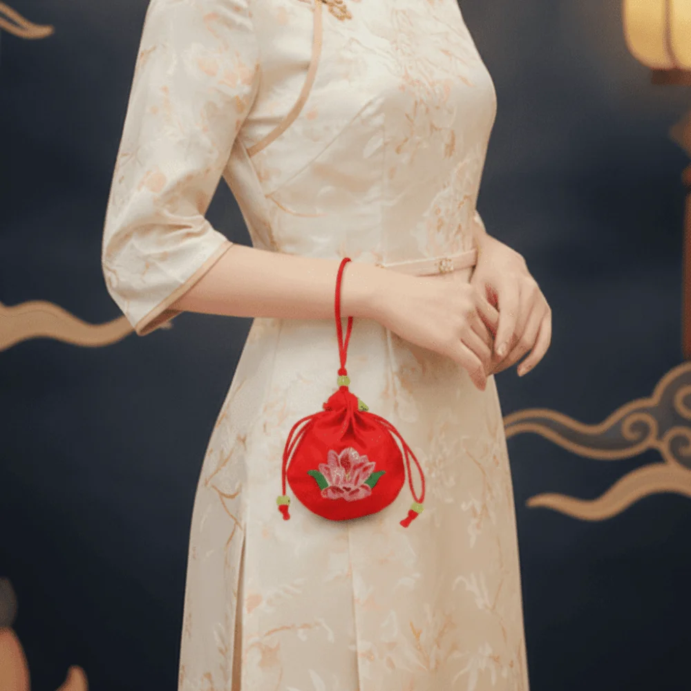 Lotus Embroidery Embroidered Sachet Silk Satin Beads Lotus Drawstring Bag Neck Strap Vintage Style Vintage Chinese Pouch
