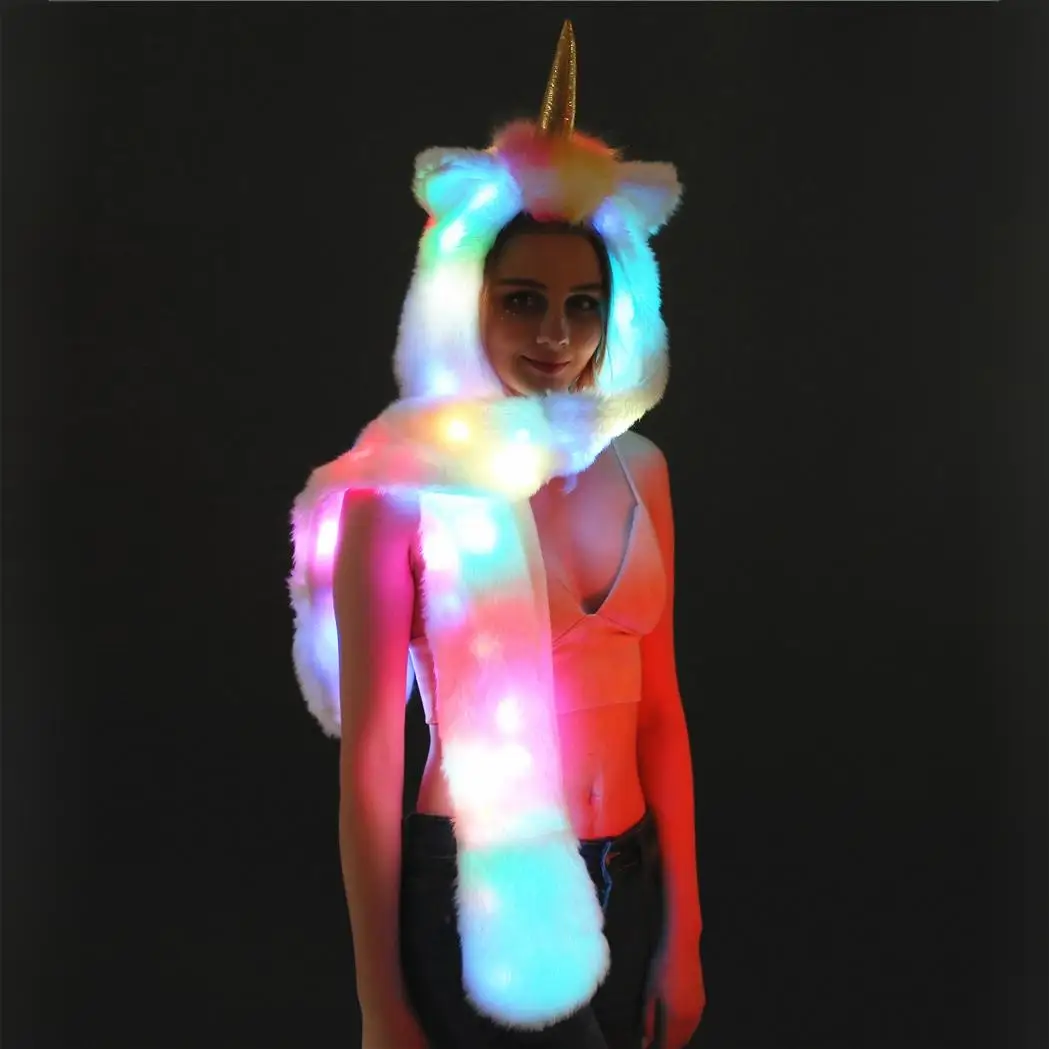 New LED-lit Unicorn Hat winterFashion Warm Long Scarf And GlovesMulti-Scene Artificial Animal Fur Hat（without battery）