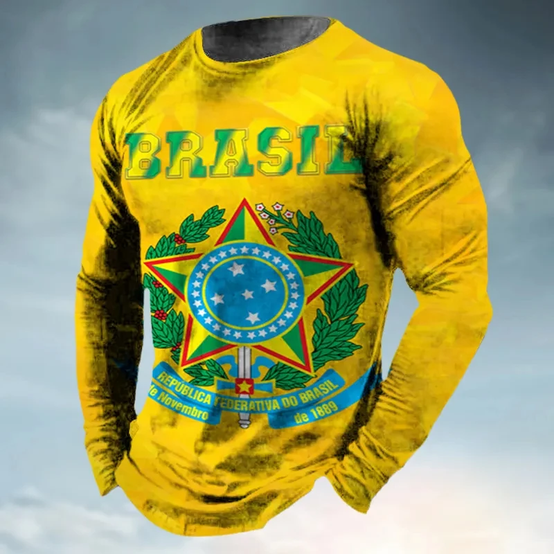 Long Sleeve Tshirts 3D Print Retro Brazilian Flag Emblem  Loose Men Women Unisex Round Neck Harajuku Oversized TShirt Clothes