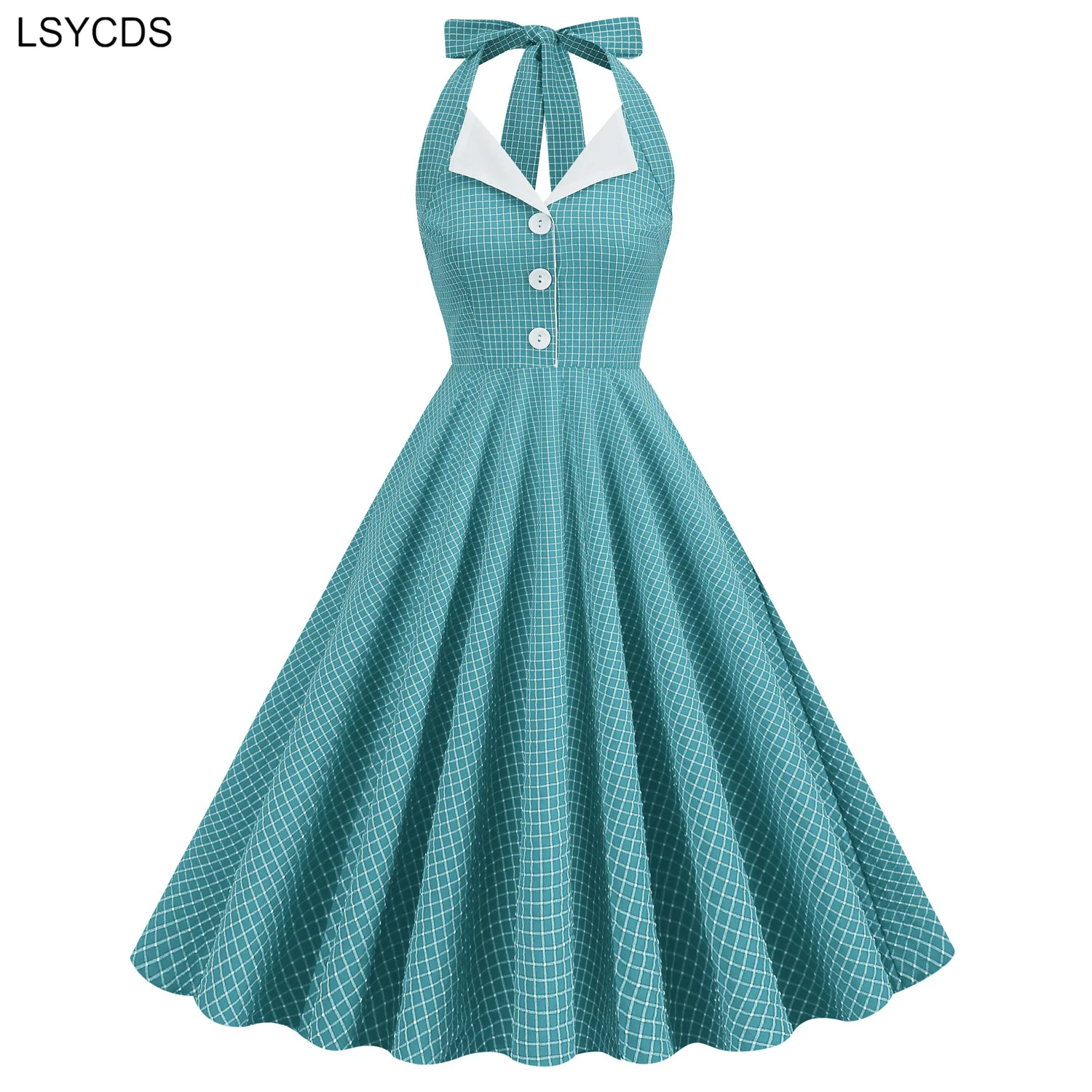 Lsycds feminino botão até xadrez vintage ajuste e alargamento vestido 2024 verão sem mangas pinup robe halter sem costas vestidos de festa à noite