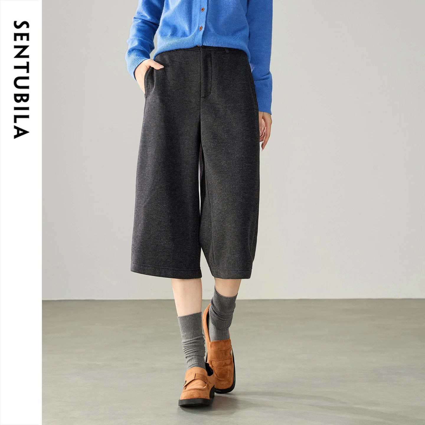 SENTUBILA Women's Pants Seven Quarter Acetate Wool Blend Fleece Lined Warm High Waist Wide Leg Trousers Office Commute 164KD8656