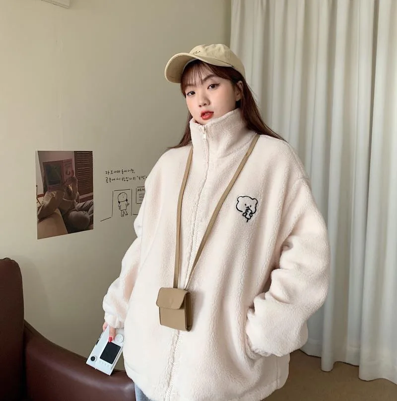 Kawaii Standing Collar Lamb Wool Women Sweatshirts Plush and Thickened Loose Cartoon Bear Woman Clothing Autumn and Winter 2023