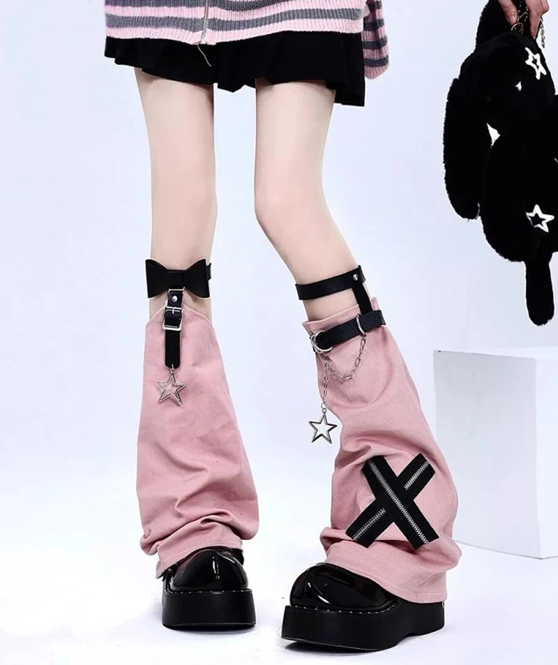 

2024 Harajuku Y2k Black White Pink Grey Bow Leather Buckle Leg Warmers Socks Gothic Punk Cross Star Chain Solid Chic Leg Cover