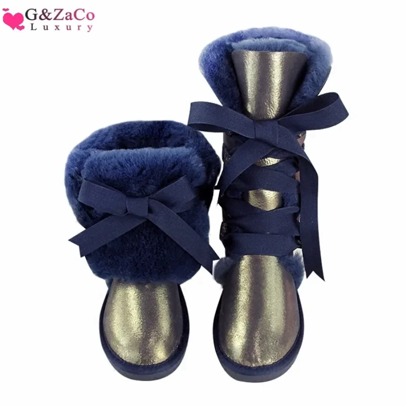 G&Zaco Luxury Sheepskin Snow Boots Australia Knee high Winter Natural Wool Boots Sheep Fur Boots Knee Bow Flat Women Long Boots