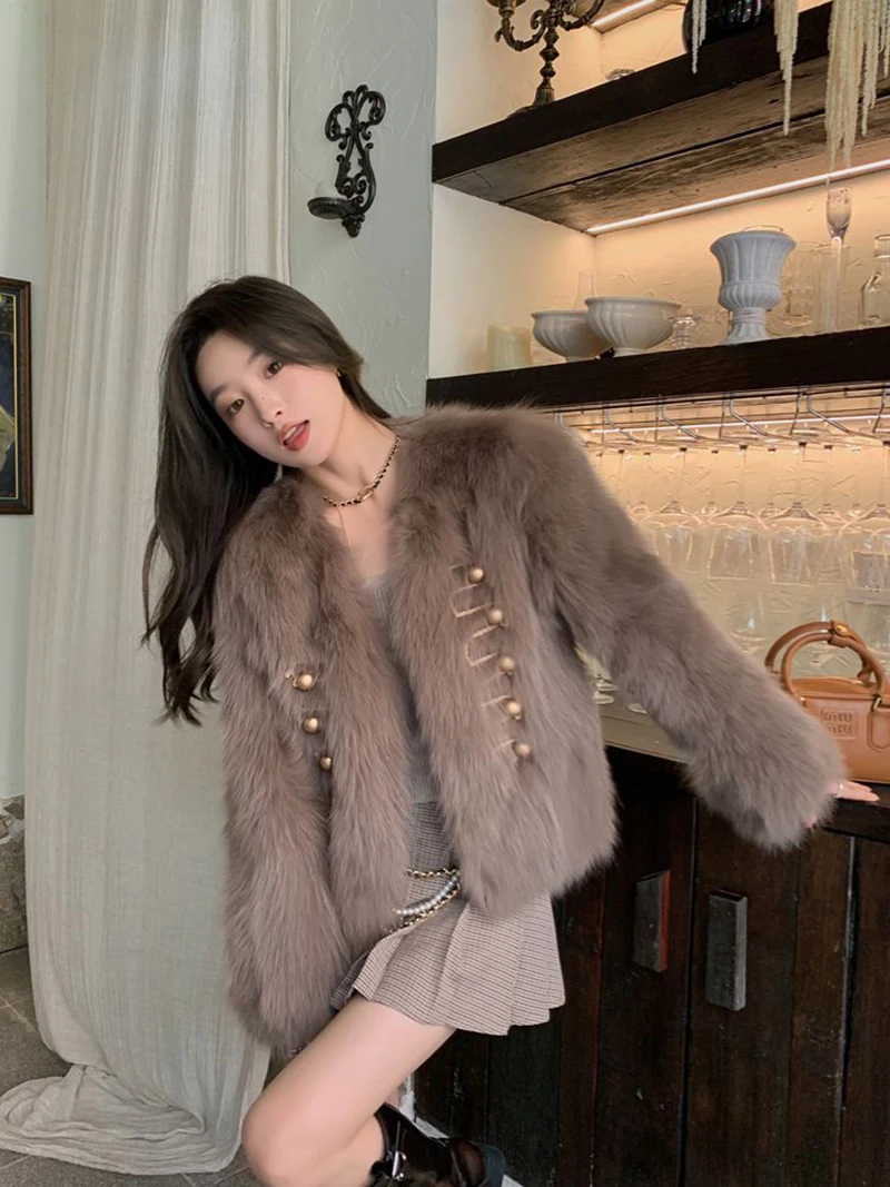 Chic White Women Faux Fur Jacket Pearl Button Coat Collarless Long Sleeve Cropped Loose Luxury Cozy Winter Outerwear Top