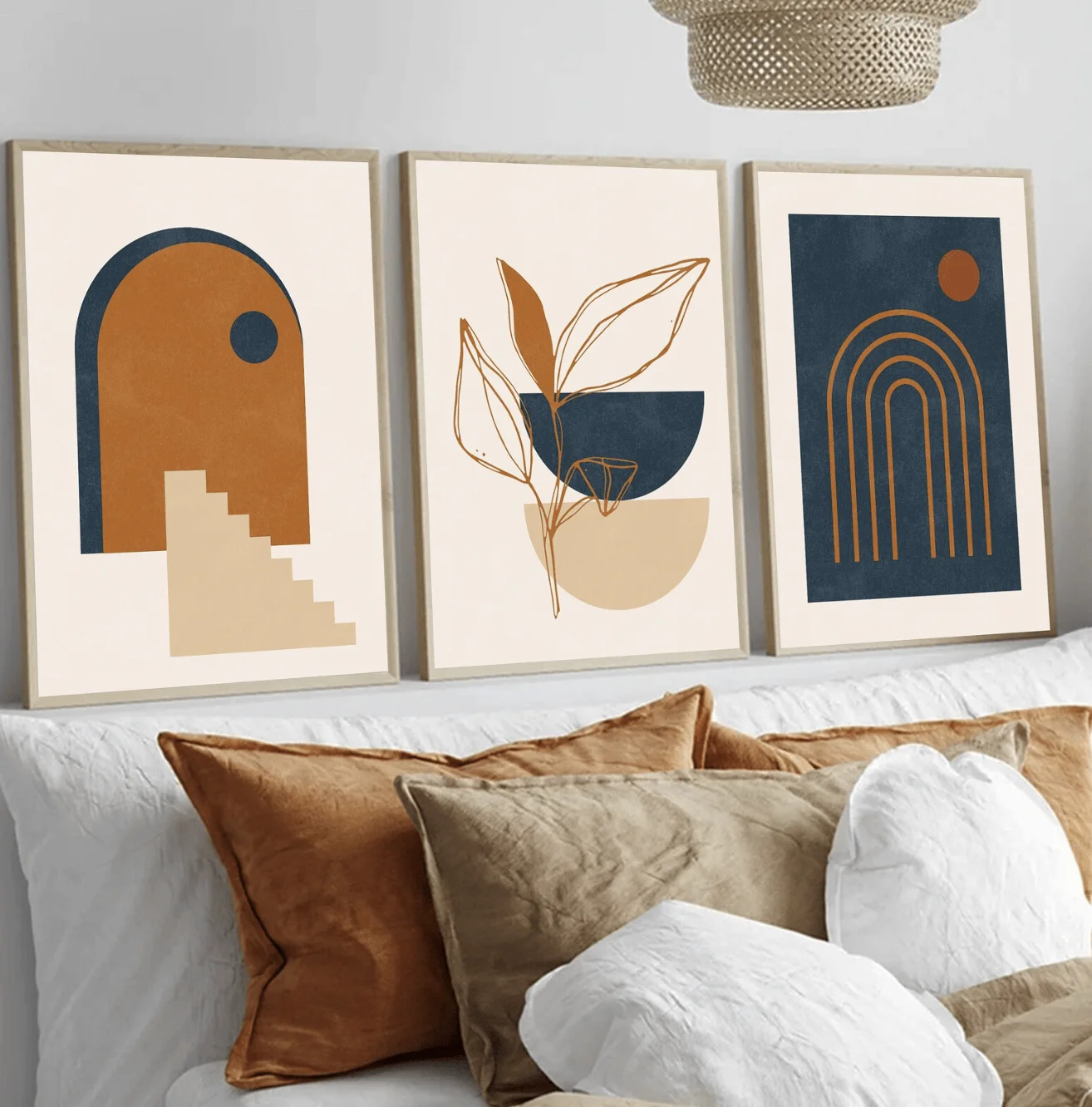Boho Geometric 3 Panels Wall Art Canvas Prints, Arch Rainbow Posters, Earth Tone Decor for Living Room Bedroom Decor