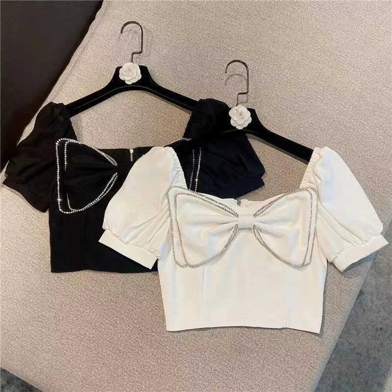 

summer Korean bubble sleeve teenage Girls shirt square neck bow with diamond fashion short top trend t-shirt kids girls clothes