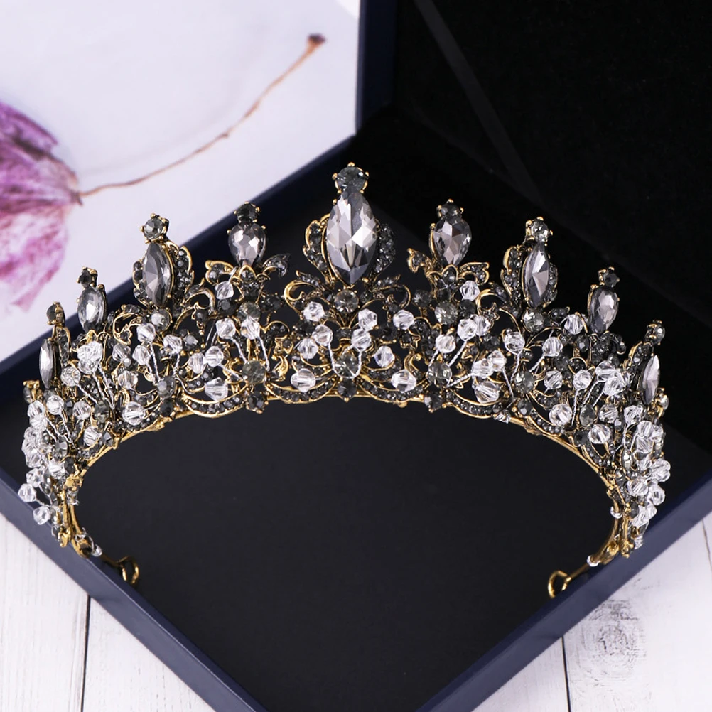

1pc Vintage Baroque Crown Large Luxury Tiara Bride Hair Accessories Rhinestone Crown Wedding Party Prom Gift Black