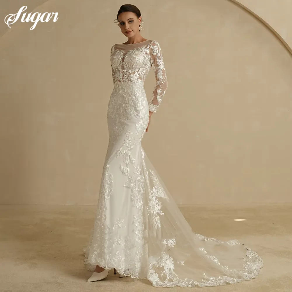 Beach Wedding Dresses With Detachable Train O-Neck Mermaid Sexy Bridal Gowns Lace Robes Long Sleeves Vestido De Novia Customized