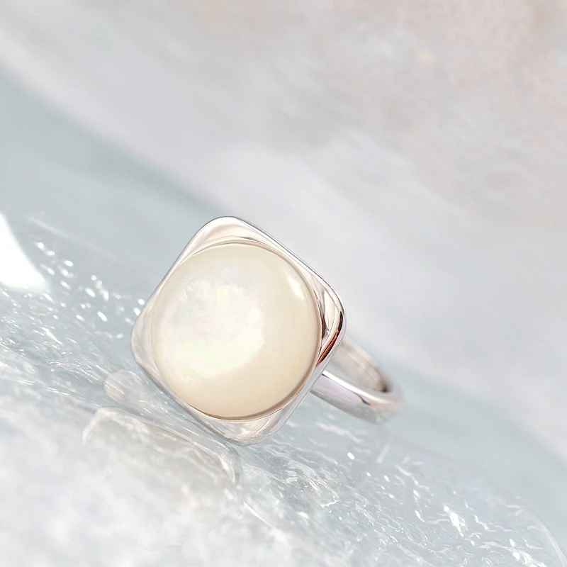 Inlaid Natural Mother Of Pearl Shell Silver Ring Classic Geometric Square Design Modern Fashion 925 Sterling Silver Women Ring