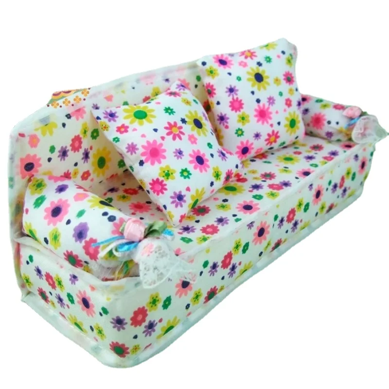 Mini Doll House Furniture Flower Soft Cloth Sofa Couch with 2 Cushions for Barbie Doll House Toys