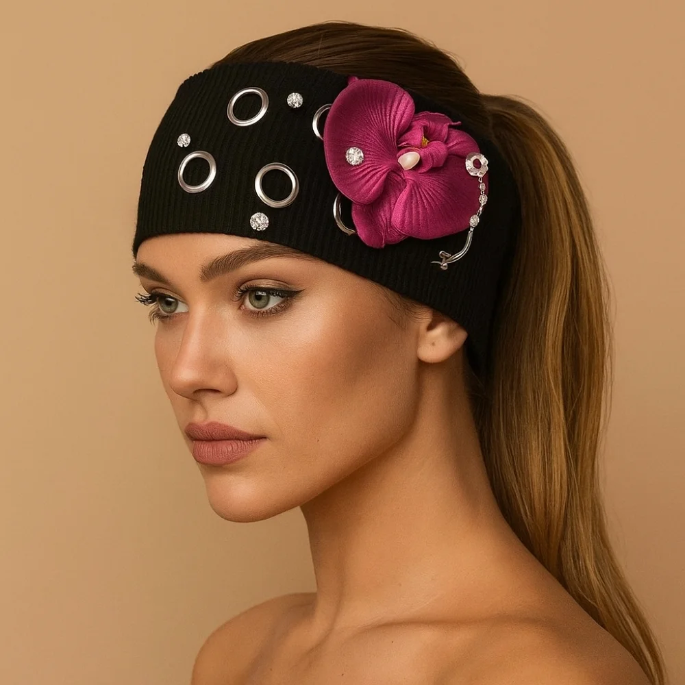 

Hibiscus Butterfly Orchid Knitted Hairband Hollow Out Hip-hop Flower Elastic Headband Wide Side Punk Style