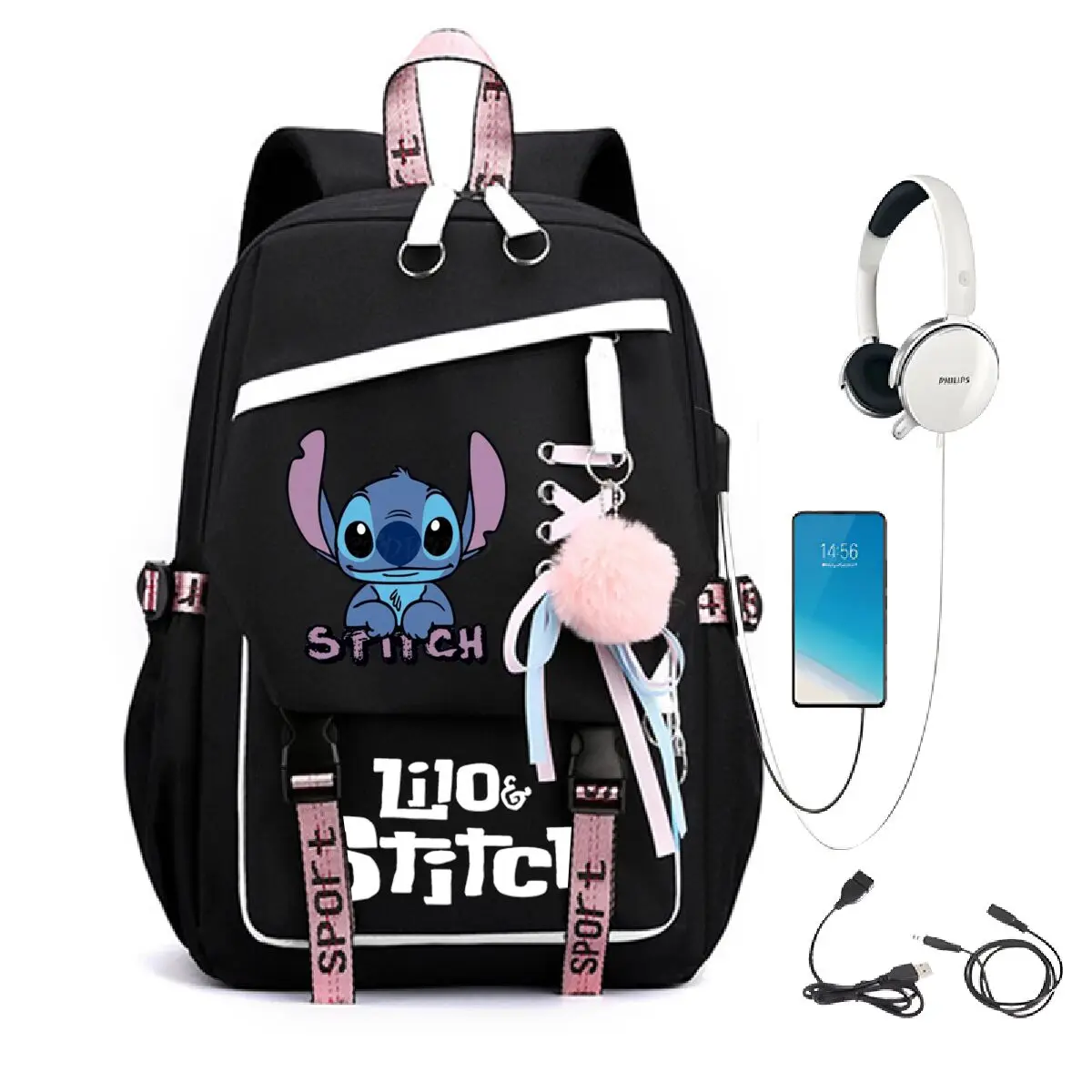 

Disney Stitch Graphic Backpack For Girls Boys Cartoon Stitch USB Charging Schoolbag Large Capacity Backpack Women Men Travel Bag