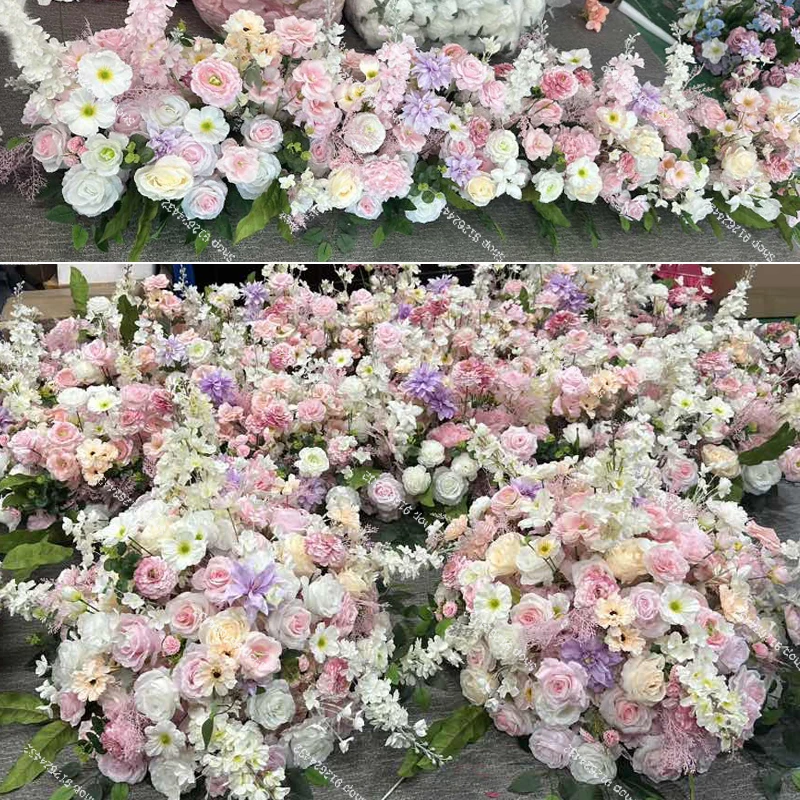 

Pink Color Artificial Flowers Wedding Decoration Welcome Sign Floral Arrangement Flower Row Background Wedding Arch