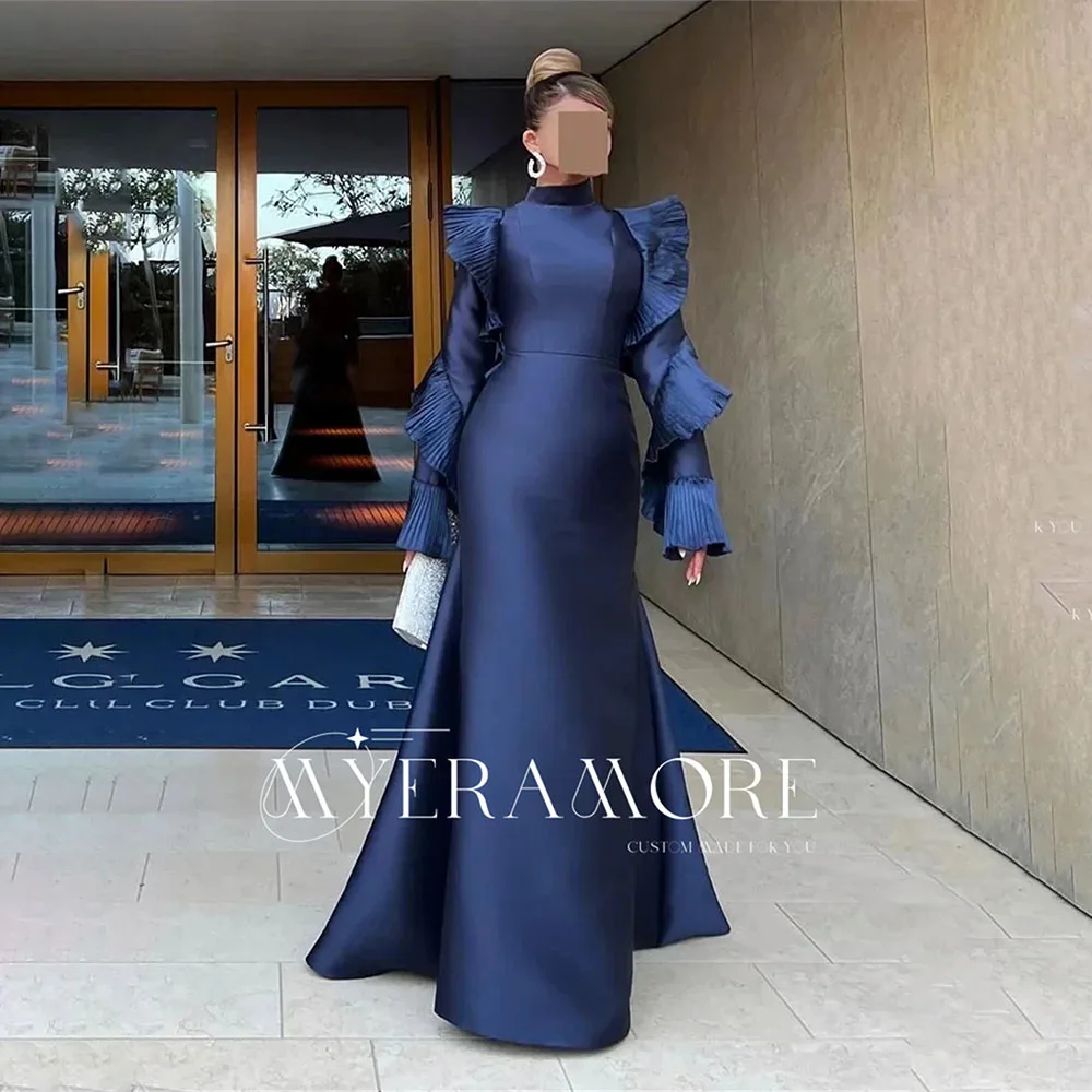

2025 New Arrival Evening Dresses Ruffled High Neck Long Sleeve Straight Elegant Prom Dress Formal Women Cocktail Gown Customized