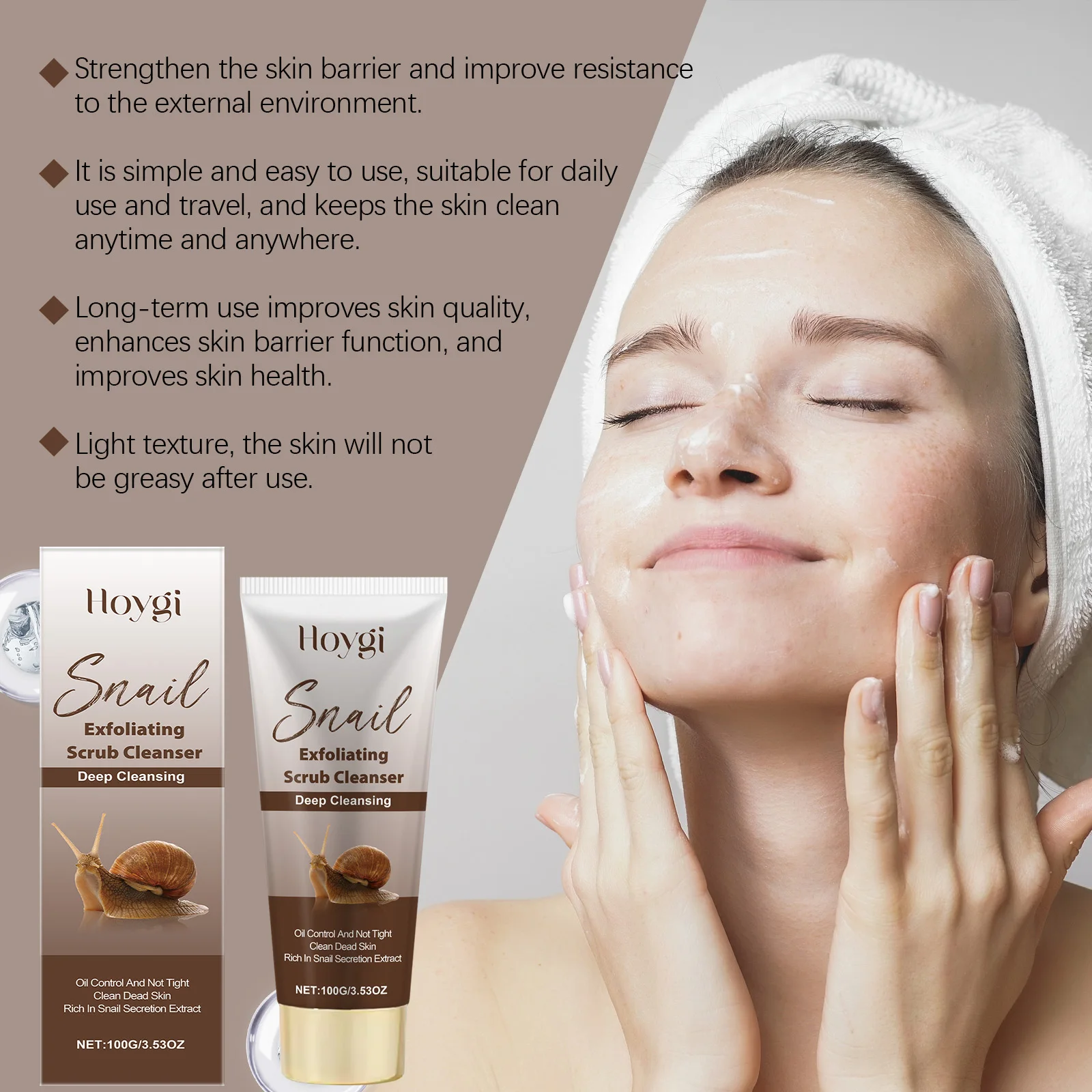 Snail Exfoliating Scrub Cleanser ประกอบด้วย Snail Mucin ทําความสะอาดผิวอย่างอ่อนโยน เพิ่มความกระจ่างใส ลบแต่งหน้า บํารุงผิวล้างหน้าได้อย่างมีประสิทธิภาพ
