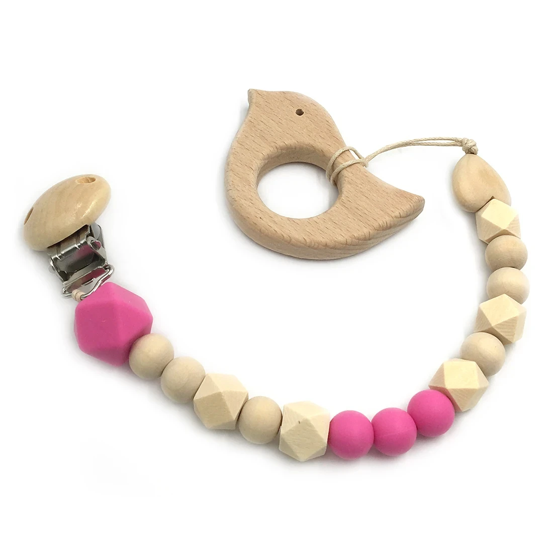 ABCPICK 2pc Organic Wooden Animal Grasping Toy Silicone Bead Toddler DIY Pacifier Chain Jewelry Making Handmade Accessories