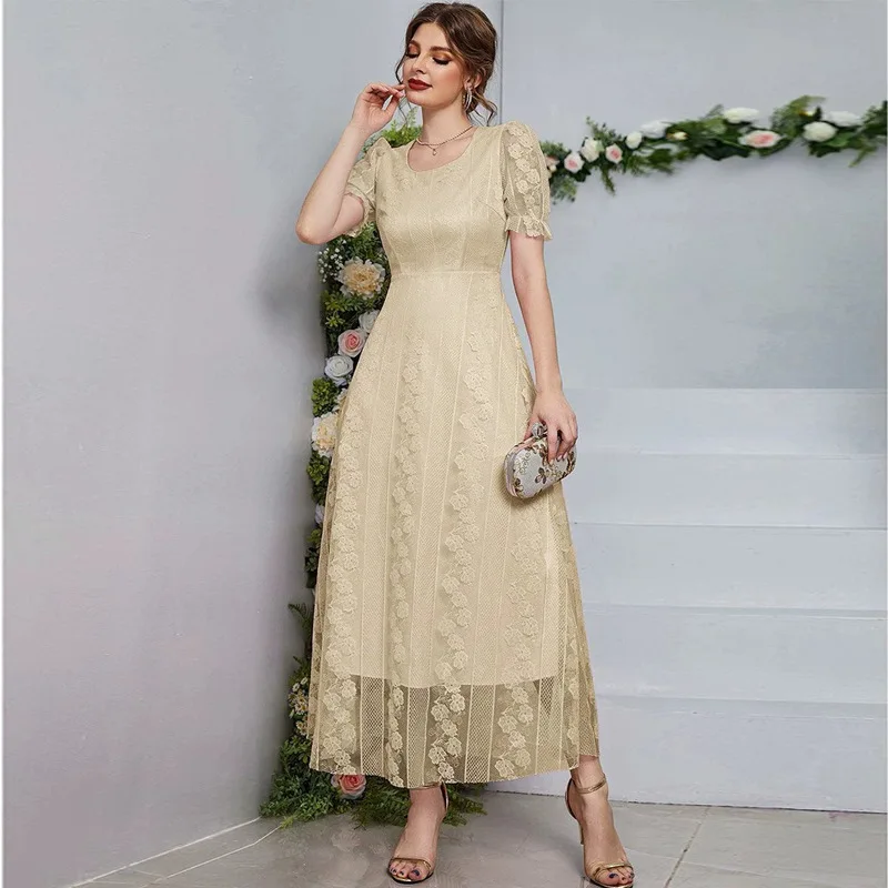 ZG-21619 French small crowd 2023 spring and summer new slim mesh U neck solid color dress women's dress