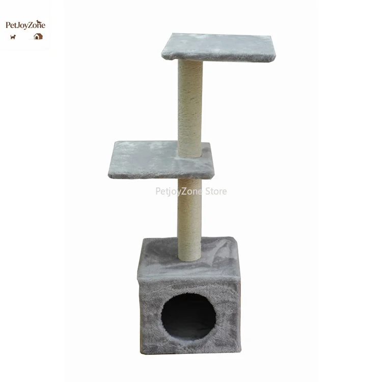 

PetJoyZone Luxury Pet Supplies Scratcher Cat Tree Climbing Tower Long Plush Kennel House Toy Ball Wood Cat Scratching Post Wool