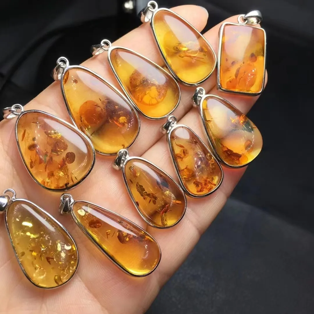 Unit One Piece 925 Silver Buckle With Natural Flower Amber Crystal Healing Random Shape Pendant