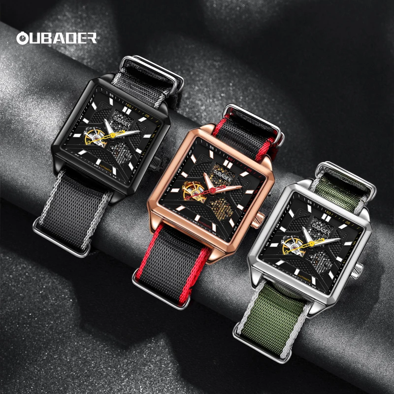 

Мужские механические автоматические часы OUBAOER с нейлоновым ремешком, модные наручные часы с квадратным корпусом, светящиеся стрелки, повседневные часы